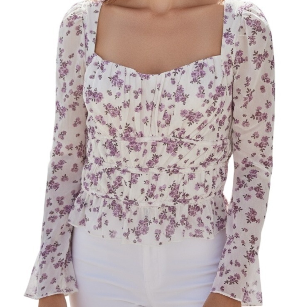 KIRIOUS LOS ANGELES White and Lavender Ruched Crop Top L/S NWOT Size XS